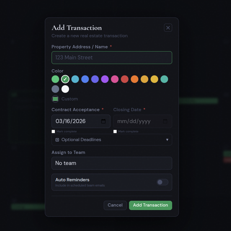 Add Transaction modal — address, color picker, date fields, optional deadlines