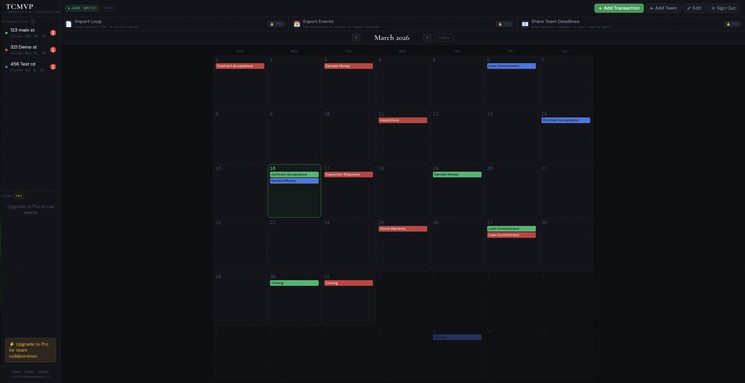 TCMVP dashboard — calendar with color-coded deadline chips across multiple transactions