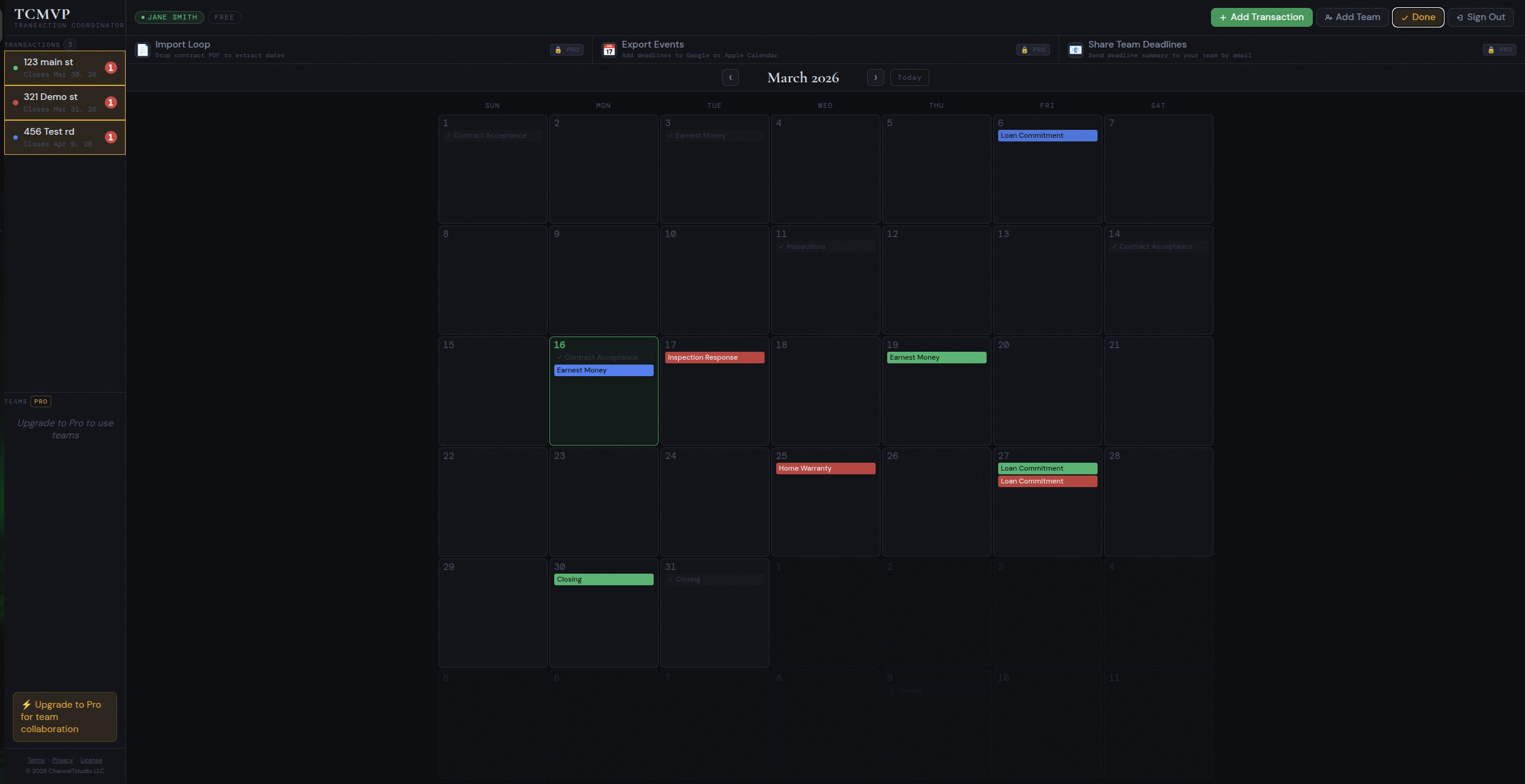 TCMVP edit mode — calendar with transactions in edit state, deadlines editable