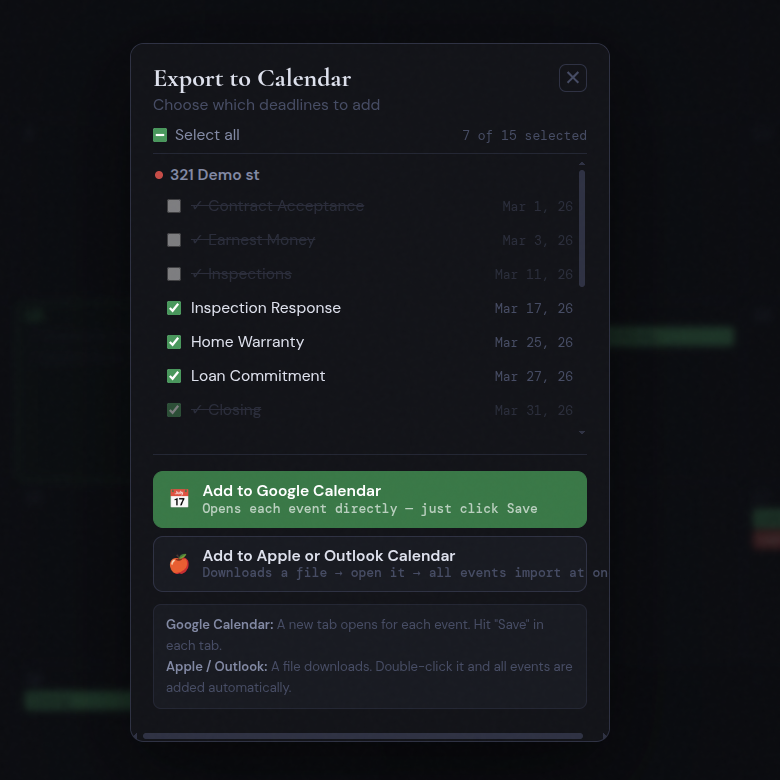 Export to Calendar — granular deadline selection, Google Calendar or Apple/Outlook