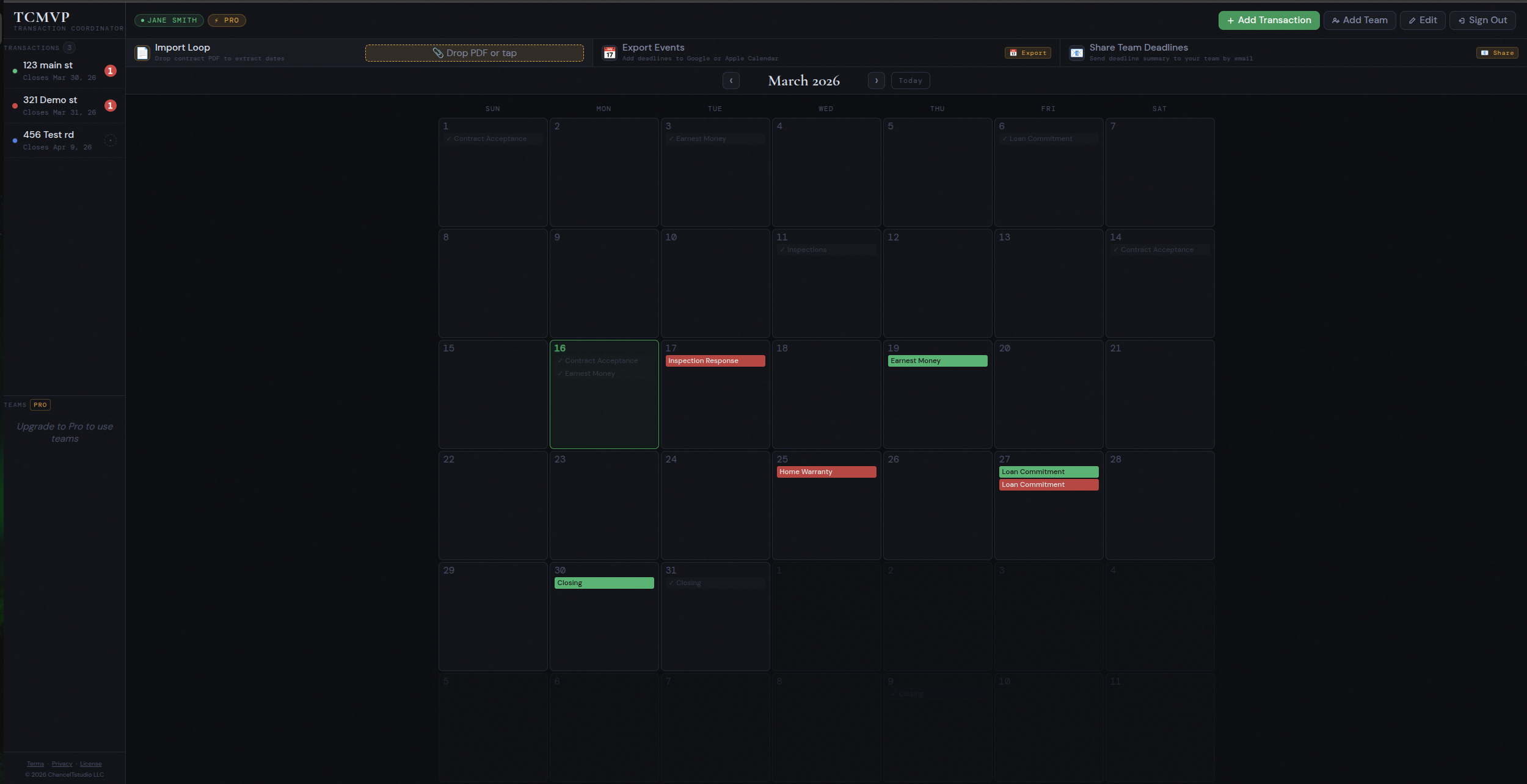 Import Loop — contract PDF dropped, dates extracted and displayed for confirmation